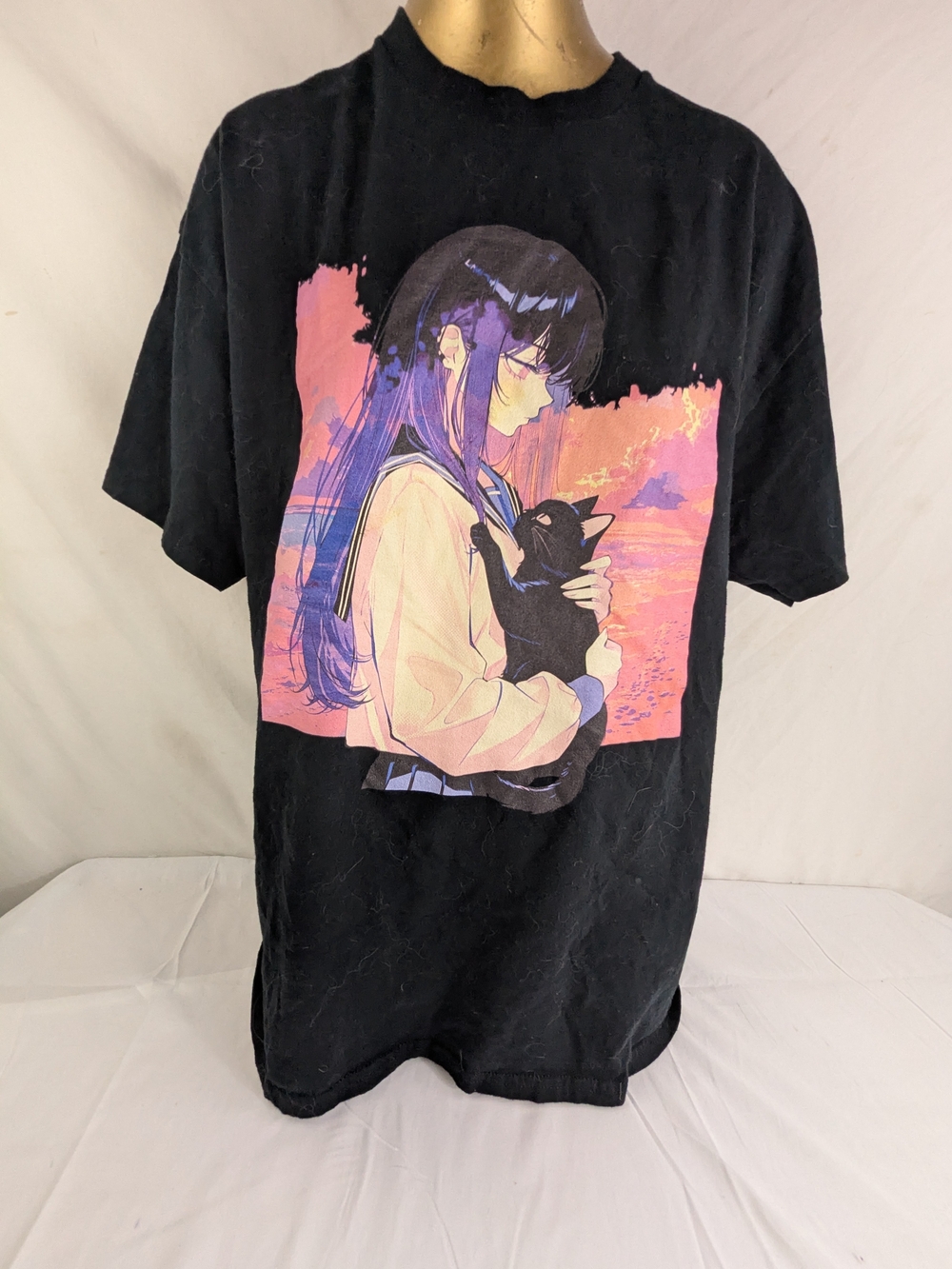 UMAI Anime Girl Holding Black Cat Graphic Tee - Black XL